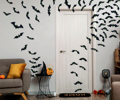 Halloween Decorations - 56 Pcs Spooky 3D Bats With Glow Eyes for Indoor Outdoor Party Decor - Plastic Scary Gothic Stickers for Bathroom Kitchen Home Room Wall