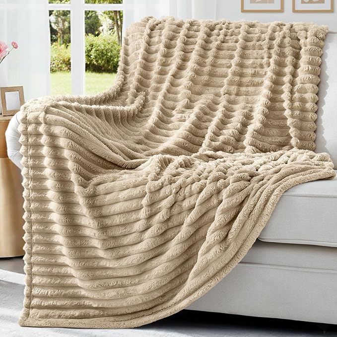 decorUhome Soft Fleece Light Brown Twin Blanket for Bed, Cozy Fluffy Plush Flannel Striped Throws for Couch Sofa, Lightweight Decorative Ribbed Fuzzy Blanket for Woman, 60x80 Inches