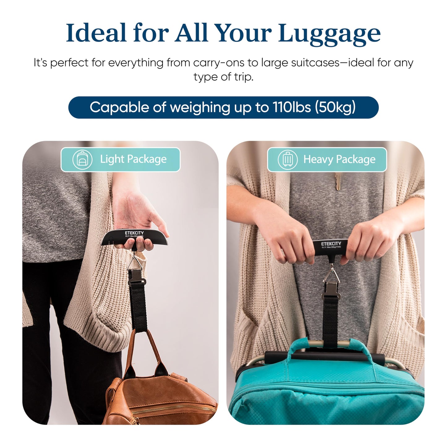 Etekcity Luggage Scale, Travel Essentials, Digital Suitcase Weight Scales for Travel Accessories, Hanging Baggage Scale with Temperature Sensor, Rubber Paint, 110 Pounds, Battery Included, Blue