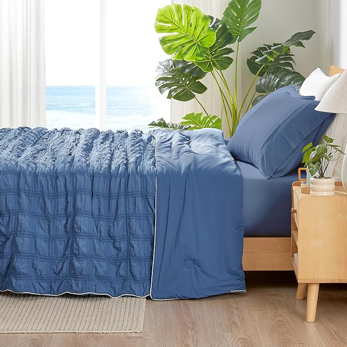 Cozy Bliss Cooling Comforter Seersucker Plaid Queen, Q-Max 0.4 Reversible Lightweight Cooling Blanket, Breathable Silk Smooth Summer Bedding Quilt for Hot Sleepers Night Sweats Denim Blue