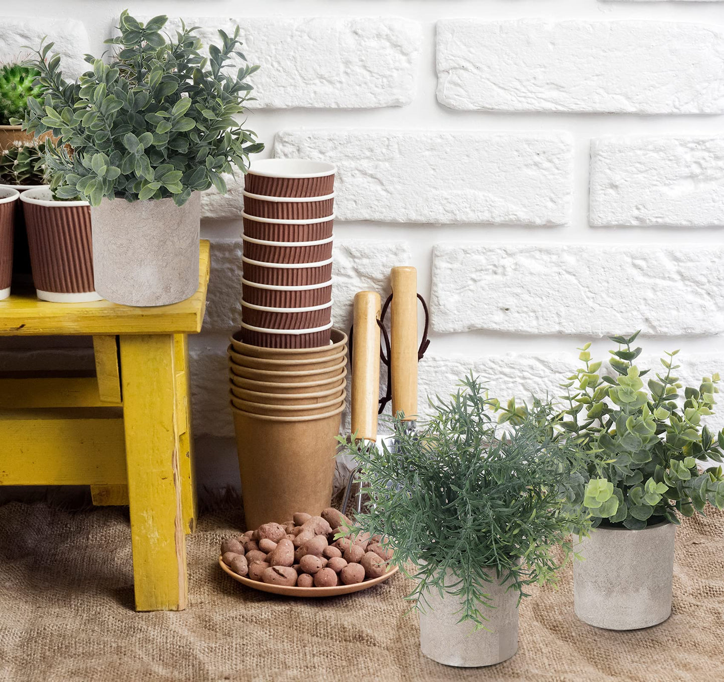 ilauke Set of 5 Mini Potted Artificial Plants Fake Small Eucalyptus Rosemary Greenery Plastic Faux Green Grass Potted Plants Decorative Fake Plant for House Office Balcony Desk Bathroom Decoration