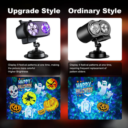 2025 Upgraded Brighter Halloween Decorations Projector Lights for Home, Display 8 Patterns at A Time (Ocean Wave & Patterns), 8 Themes Holiday Projector Halloween’ Day House Decoration Light Show