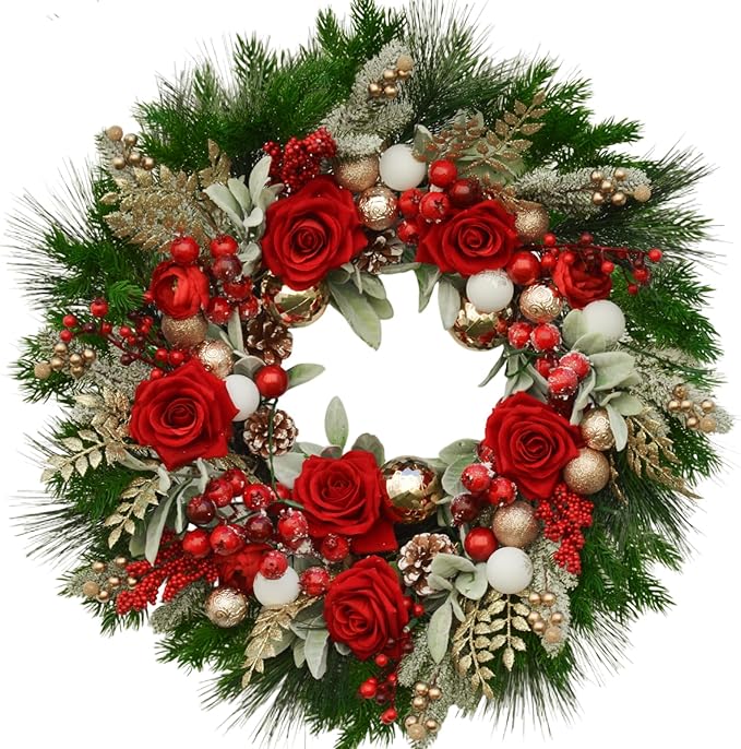 24 Inch Artificial Christmas Wreath for Front Door, Christmas Rose Floral Wreath with Lamb's Ear Red Berries Pine Cones Golden Leaves, Winter Wreaths for Front Door Wall Home Outdoor Decor