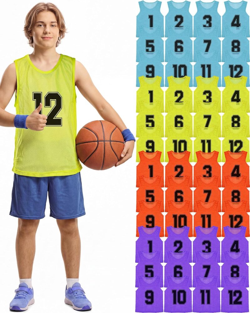 Suhine Youth Basketball Pinnies - 48 Pcs Nylon Mesh Scrimmage Vests | Numbered Practice Jerseys