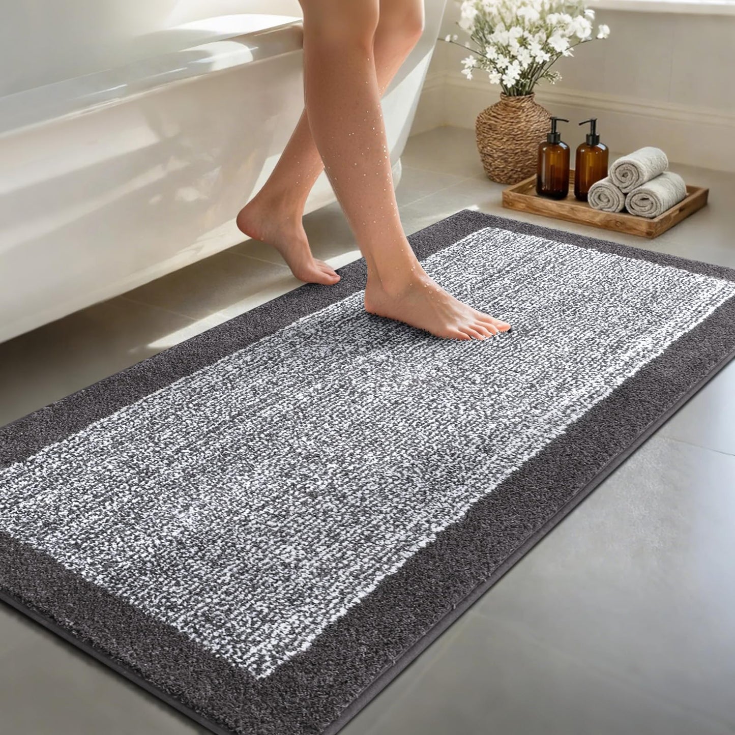 simpWalnut Long 2x4 Ft (48''x24'') Runner Rug for Bathroom,Non Slip Washable Large Kitchen Rugs Bath Rugs, Soft Absorbent Quick Dry Bath Mats for Shower, Hallway,Laundry, Tub(Grey)