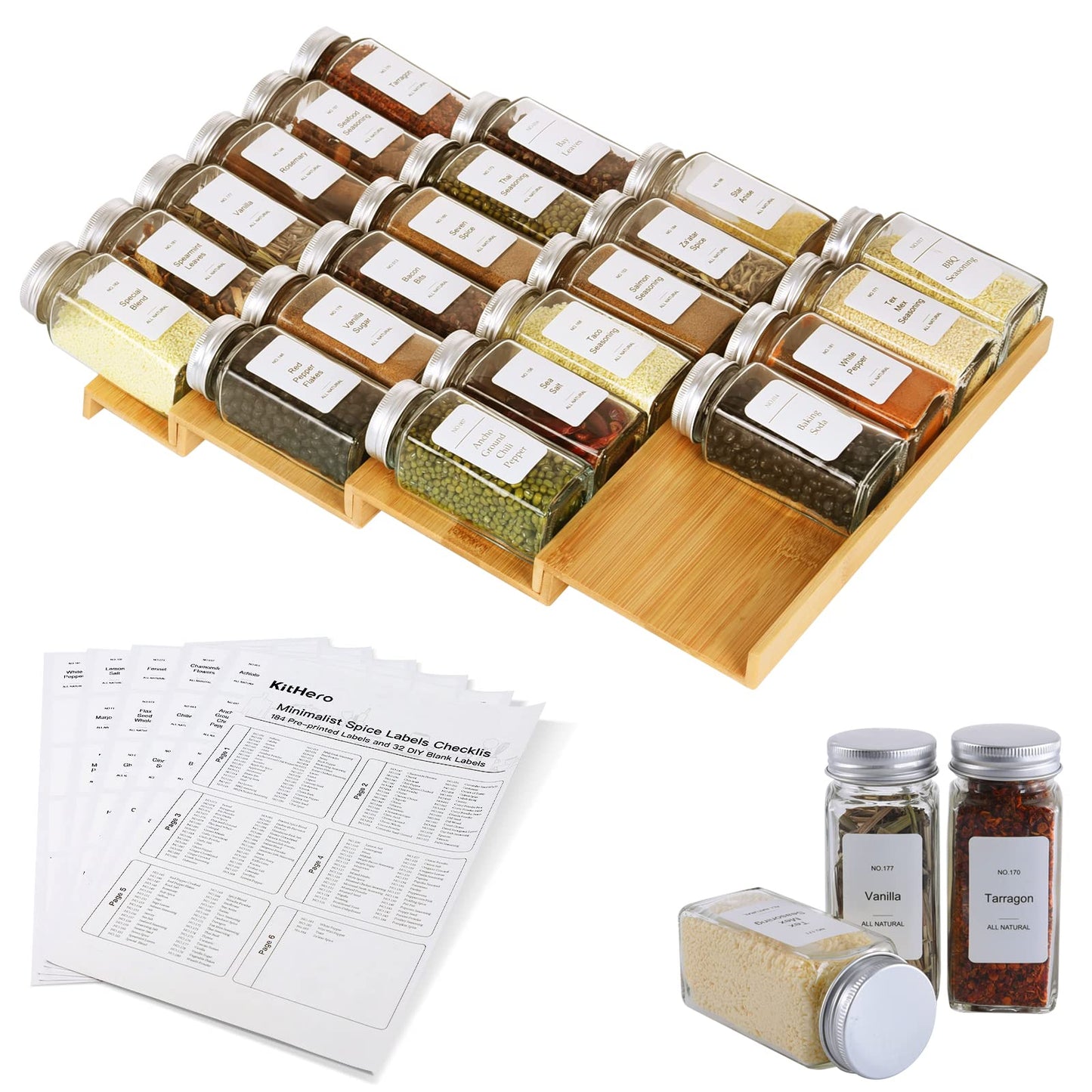 Spice Drawer Organizer with 24 Spice Jars and 216 Labels,Non-slip Rubber, Bamboo 4 Tier Spice Racks Tray Seasoning Containers for Kitchen Drawers,Cabinets,Countertops,13" Wide * 15.8" Deep