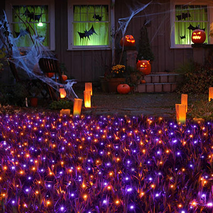 Joomer 12ft x 5ft 360LED Orange Purple Halloween Net Lights Outdoor Mesh lights, 8 Modes Timer Connectable Waterproof Bush Lights Mesh Netting Lights for Halloween Outdoor Decorations (Green Wire)