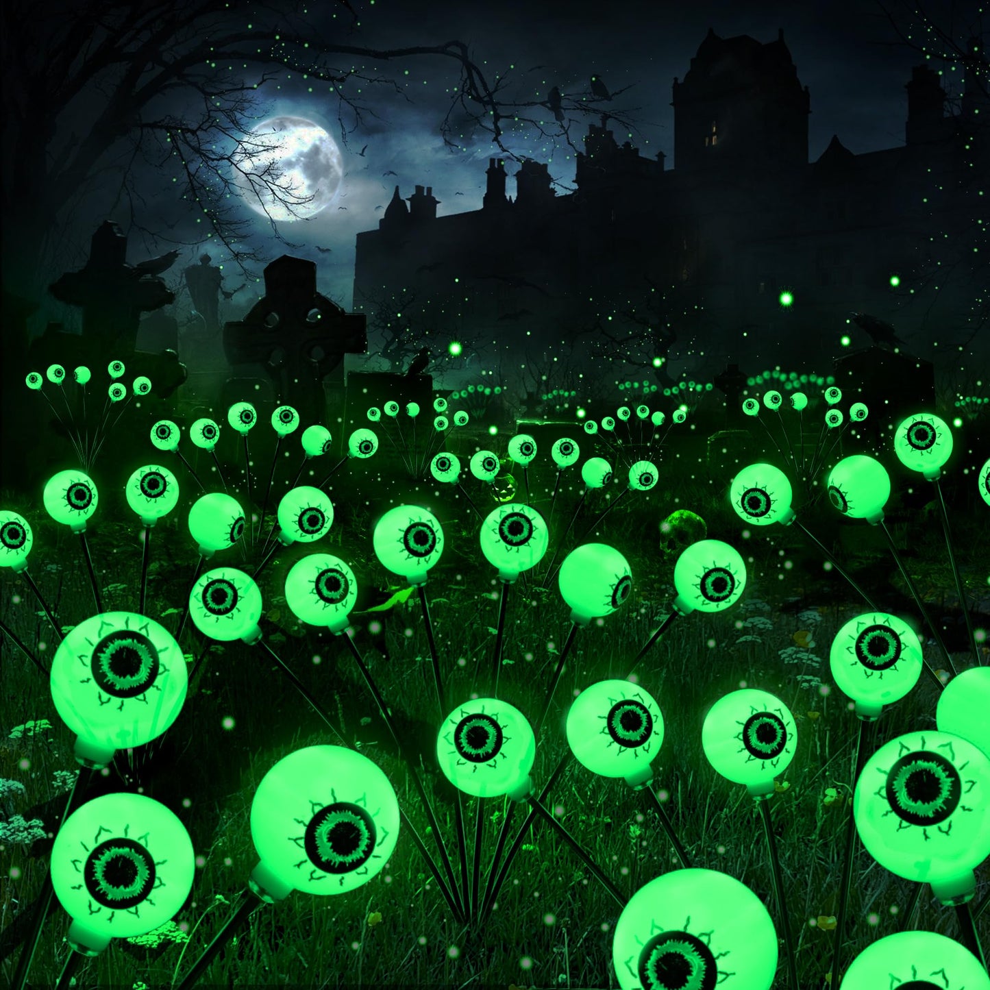 Brizled Solar Halloween Lights, 2 Pack Total 12 LED Green Halloween Eyeball Lights, 2 Modes Outdoor Green Eyeball Light, Swaying Outside Scary Pathway Light Waterproof for Garden Yard Lawn Path Decor