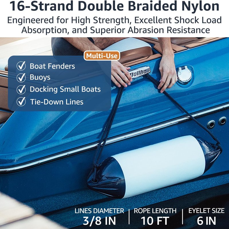 PACTHSD 3/8" x 10' Boat Fender Lines (4-Pack) - Double Braided Nylon Dock Lines for Boats - Marine Grade Fender Ropes with 6" Eye Loop - Soft, Durable Boat Accessories for Pontoon and Small Boats