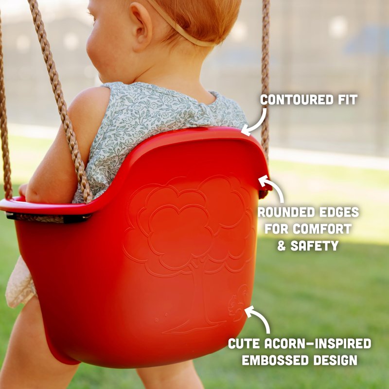 Acorn Adventures Toddler Swing Seat – Baby Bucket Swing for Outdoor Backyard & Porch, Adjustable Ropes, Easy Install, Weather-Resistant HDPE - Red