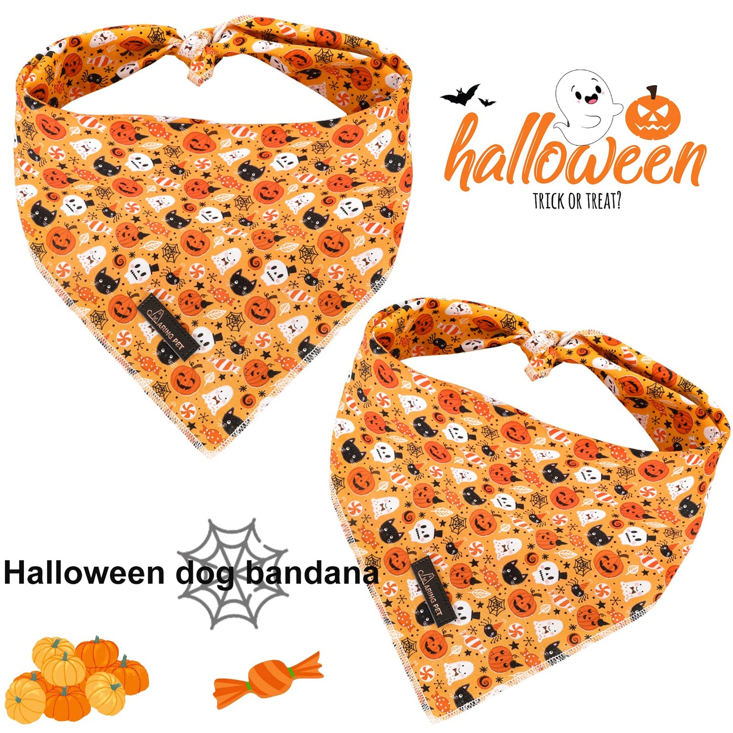 ARING PET Halloween Dog Bandanas, Cotton Orange Pumpkin Ghost Cat Pet Bandanas Cute Triangle Bibs Scarf for Small Medium Large Boy Girl Dogs and Cats-L