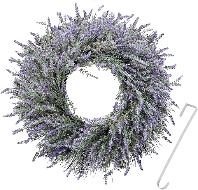 24" Wreath, Spring Wreaths, Artificial Lavender Wreath for Front Door, with Welcome Sign Wreath Hanger, for Spring, Summer, Autumn and Winter, Indoors,Outdoors, corridors, Offices. (Purple)