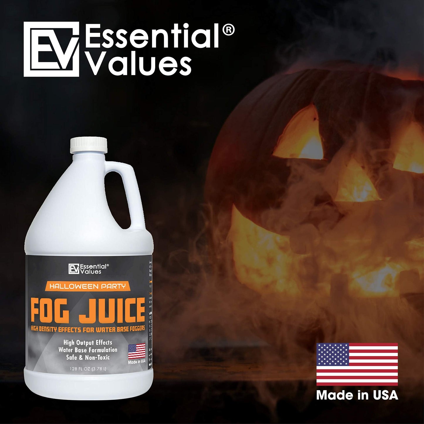 ESSENTIAL VALUES Smoke Fog Machine Liquid, Party Fog Juice - High Density - 128 Fl Oz/1 Gal - Produces Lasting High Density Haze for Water Based Foggers, Perfect for 400W-1500W Machines, Made in USA
