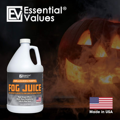 ESSENTIAL VALUES Smoke Fog Machine Liquid, Party Fog Juice - High Density - 128 Fl Oz/1 Gal - Produces Lasting High Density Haze for Water Based Foggers, Perfect for 400W-1500W Machines, Made in USA