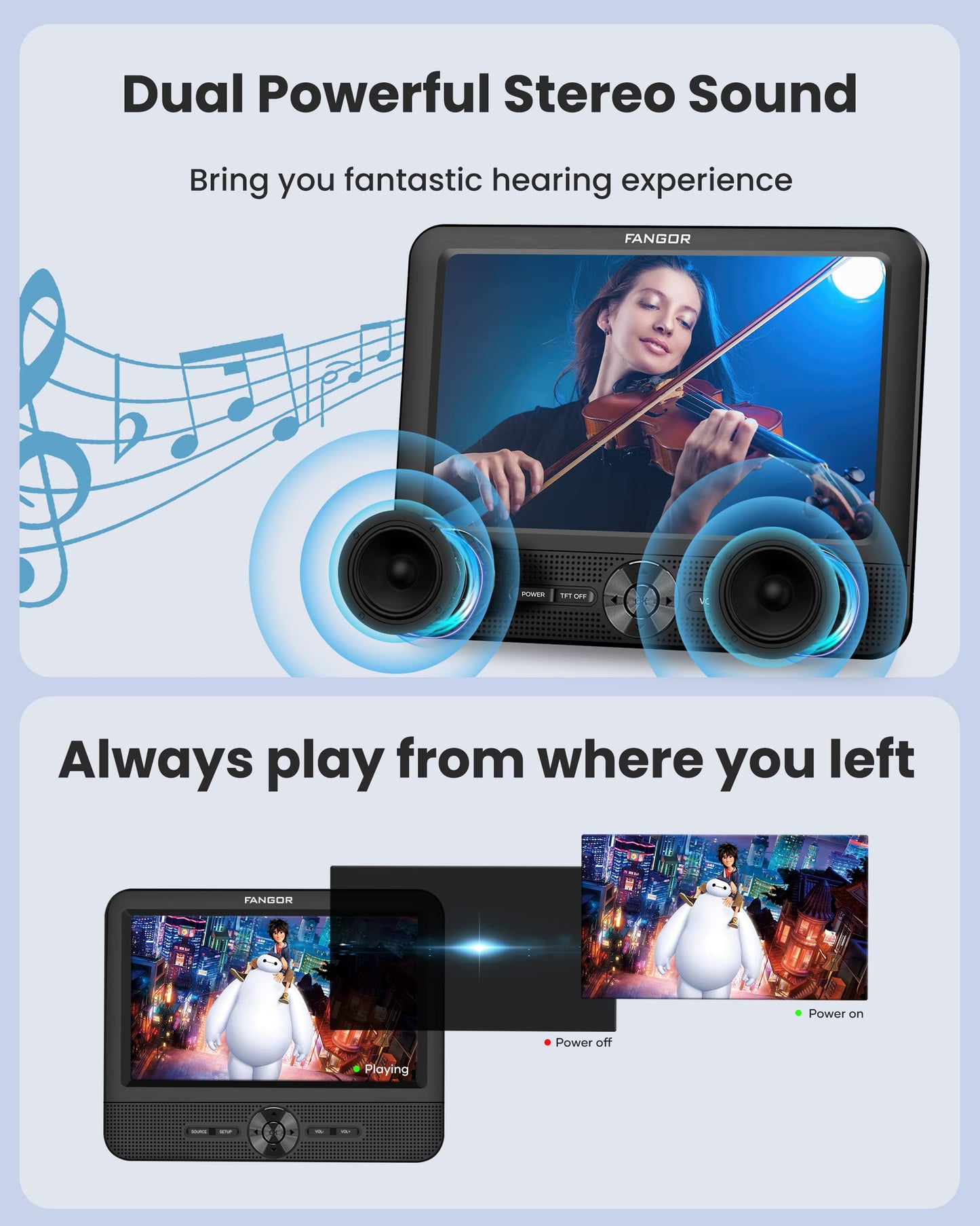 FANGOR 7.5 Inch Dual Car DVD Player, Portable DVD Player for Car with 5 Hours Rechargeable Battery, Last Memory, AV Out/in, Support USB/SD/Sync TV, All Regions