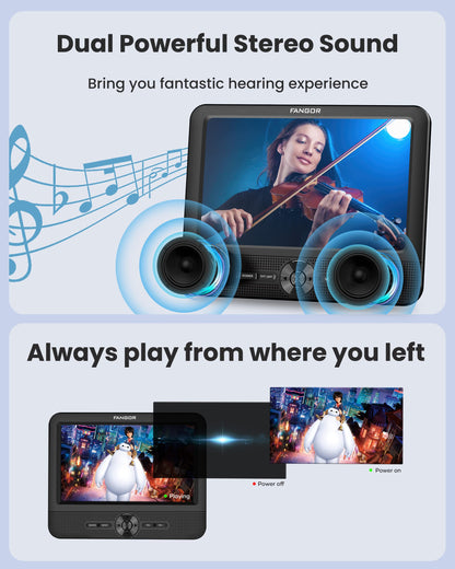 FANGOR 7.5 Inch Dual Car DVD Player, Portable DVD Player for Car with 5 Hours Rechargeable Battery, Last Memory, AV Out/in, Support USB/SD/Sync TV, All Regions