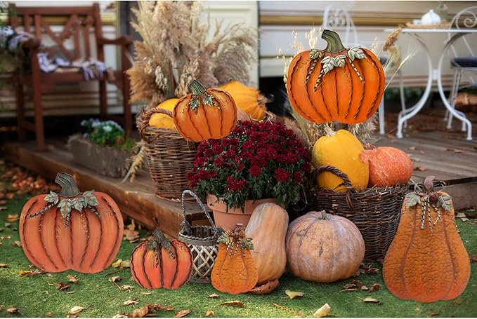 Metal Pumpkin Stakes Yard Signs Fall Decor Decorative Garden Stake Lawn Pumpkins Ornaments Outdoor Autumn Decoration for Harvest Halloween Thanksgiving (17.5" H+26" H Orange)