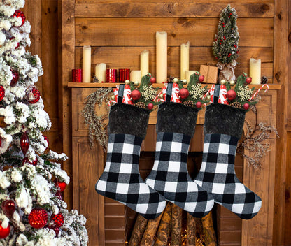 Senneny Christmas Stockings- 4 Pack 18" Black White Buffalo Plaid Christmas Stockings with Plush Faux Fur Cuff, Classic Large Christmas Stockings Decorations for Family Christmas Holiday Party Decor