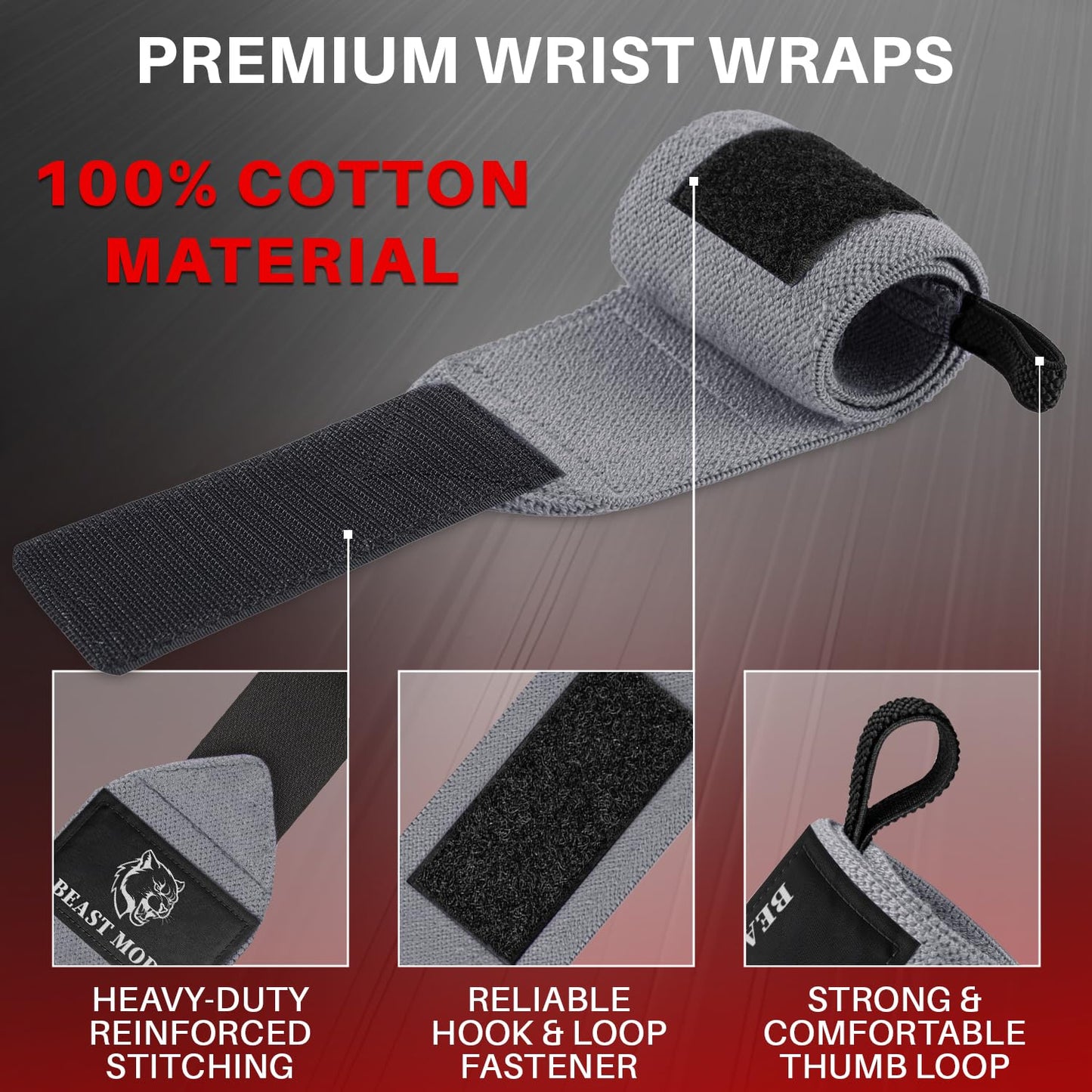 TECEUM Weightlifting Wrist Wraps with Thumb Loop – Gray – Beast Mode – 18 inch – Heavy-Duty Workout Wrist Support & Protection – Ideal for Powerlifting, Strength Training, Bodybuilding