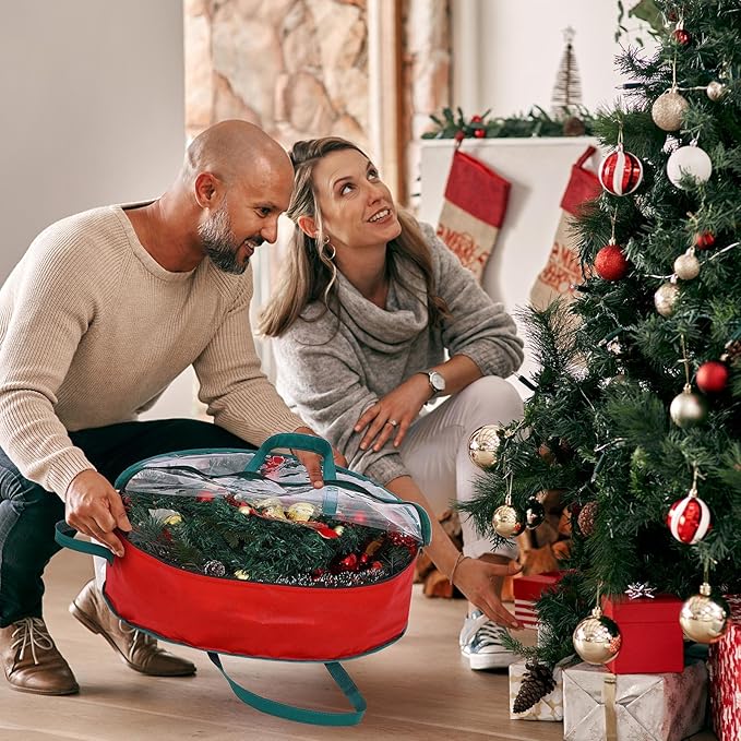 Shappy 12 Pcs Christmas Wreath Storage Bag Clear Wreath Box Wreath Storage Containers with Clear Window and Handle Christmas Garland Storage Containers for Xmas Holiday Seasonal Storage (24 Inch)