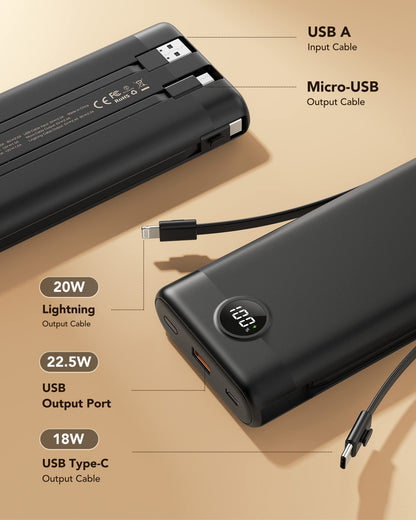 VEEKTOMX Portable Charger Built-in Cables,10000mAh Power Bank for iPhone,Fast Charge USB C Battery Pack Travel Essentials Powerbank Compatible with iPhone 17/16/15/14, Samsung S25/24, Android, etc