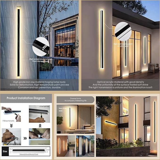 2Pack-71INCH Long Outdoor LED Wall Lights,55W Waterproof IP65 Warm White 120V LED Wall Mount Light Fixture Acrylic Black Exterior Wall Lights for House Courtyard Balcony Porch