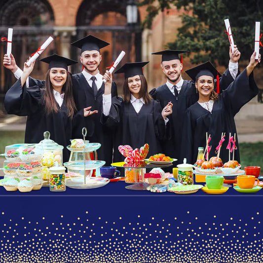 2 Pcs Navy Blue and Gold Plastic Tablecloth for Rectangle Table, 54 × 108 inches Disposable Gold Dot Dark Blue Party Table Covers for Anniversary, Wedding, Fine Dining, Graduation Party Decoration