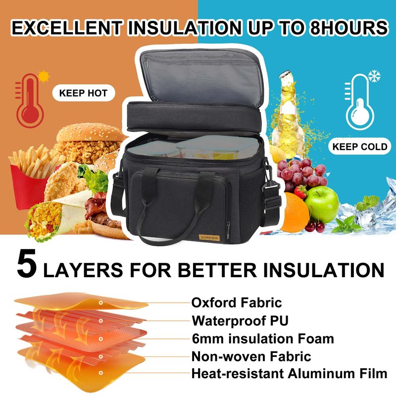Prebargue Lunch Bag-Double Deck Insulated Lunch Box for Men Women, Soft Leakproof Thickened Cooler Bag for Work , Picnic, Outdoor, Camping, Travel with 2 Ice Packs(Black，15L)