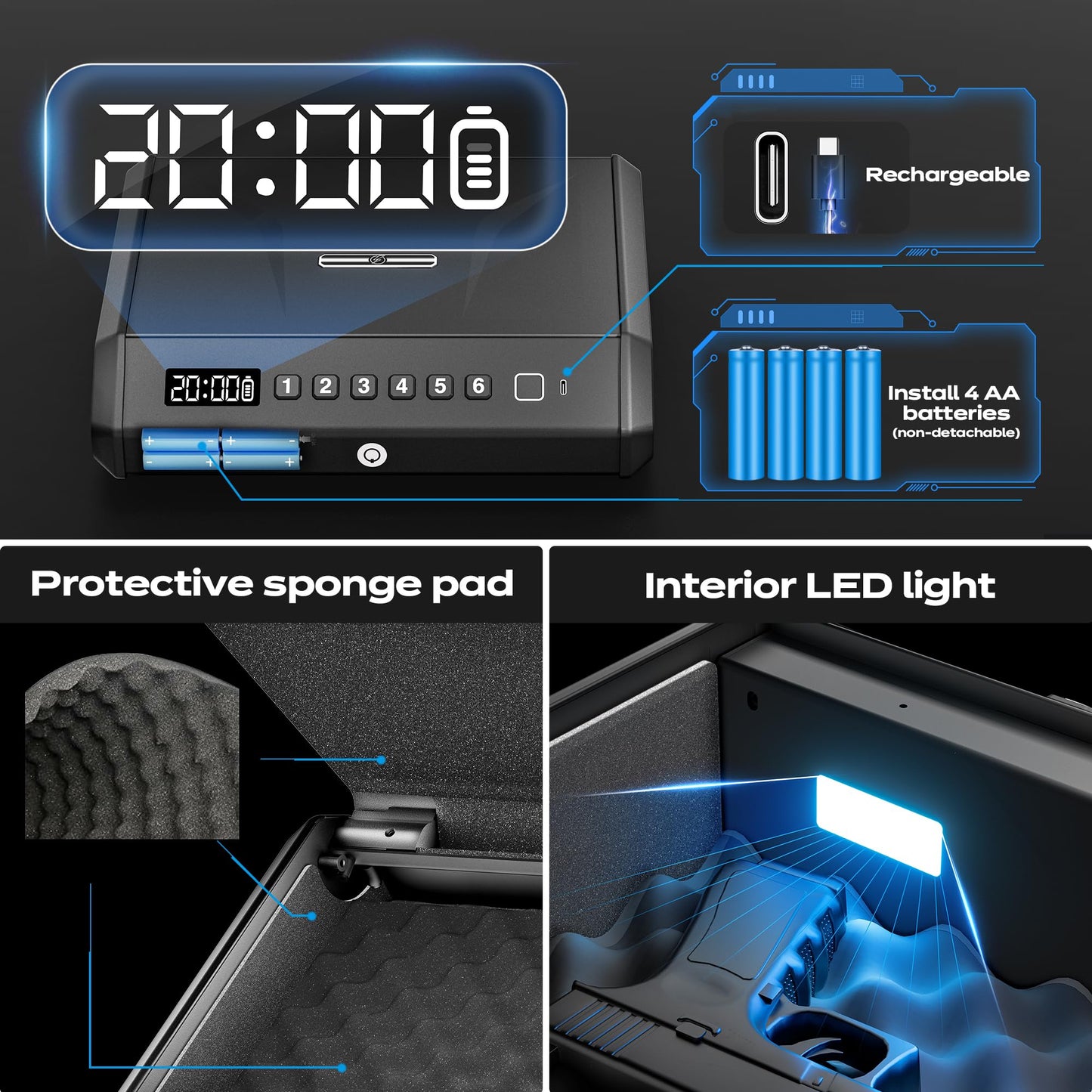 Biometric Gun Safe - 100 Fingerprints, 3-Ways Unlock Large Handgun Lock Box fits 4 Pistols, Silent Mode & Emergency Power for Home Nightstand & Car TOPMEDA