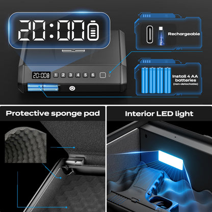 Biometric Gun Safe - 100 Fingerprints, 3-Ways Unlock Large Handgun Lock Box fits 4 Pistols, Silent Mode & Emergency Power for Home Nightstand & Car TOPMEDA