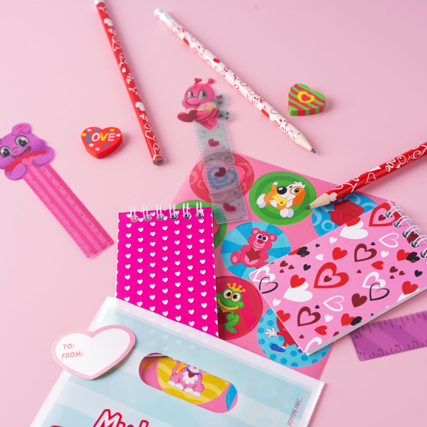 JOYIN 24packs Valentines Day Stationery Gifts, 96pcs Party Favor with Pencil, Erasers, Notebook & Bags for Kids School Classroom Exchange Supplies