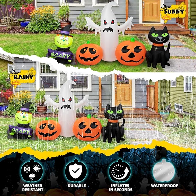 8FT Long Halloween Inflatables Outdoor Decorations, Inflatable Pumpkin and Ghost Black Cat Halloween Decorations with Built-in RGB LEDs Blow Up Inflatable for Halloween Party Garden Yard Lawn