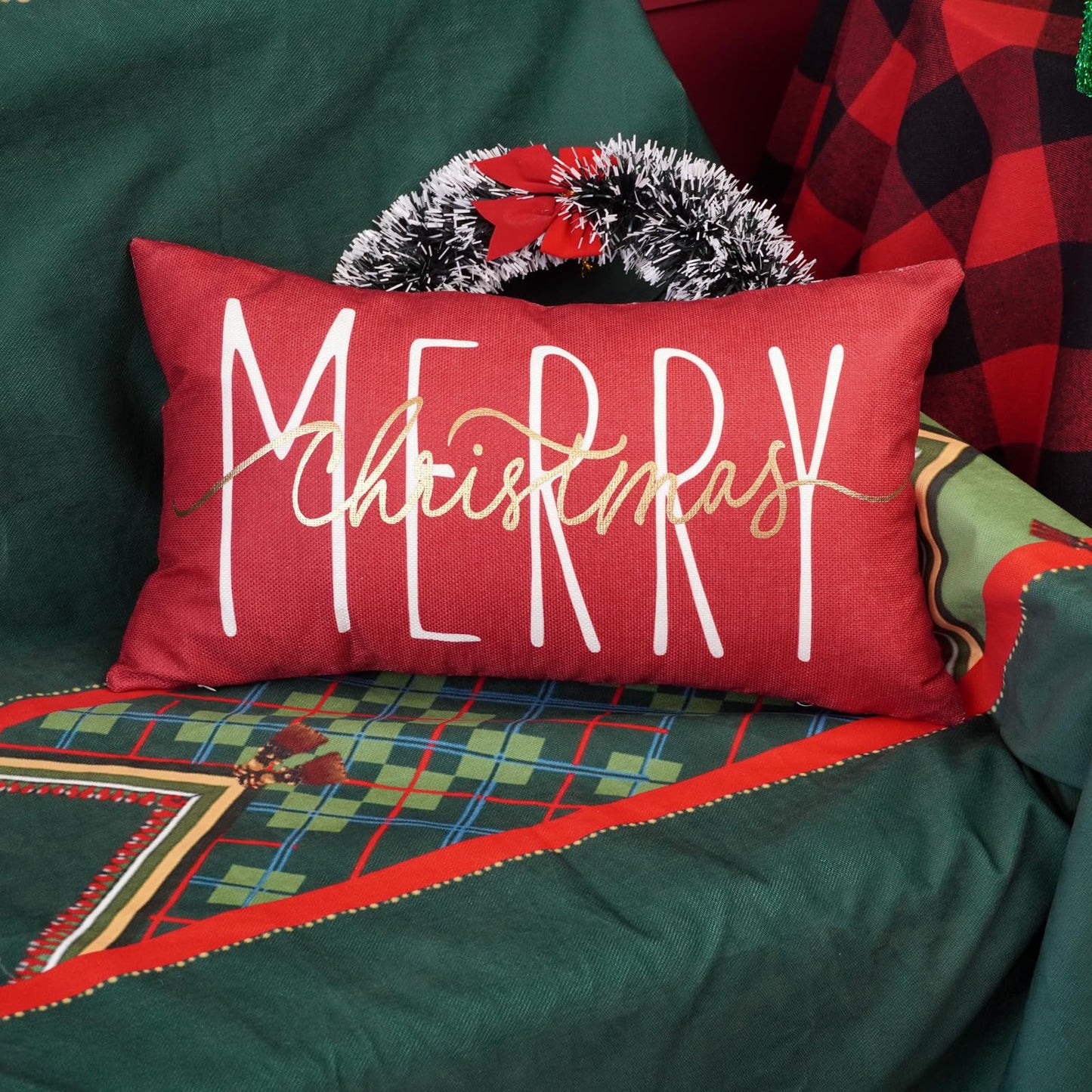 ONWAY Christmas Pillow Cover 12x20 Inch Merry Christmas Lumbar Pillow Cover Gold Red Decorative Throw Pillows Farmhouse Winter Holiday Decor Cushion Case for Sofa Couch Home Decorations