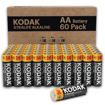 Kodak Xtralife 60-Pack AA Batteries, Double A Alkaline Battery Pack, 1.5V, 10-Year Shelf Life, LR6, Ideal for High-Drain Devices, 12x More Power, Plastic Free Cardboard Outer Carton