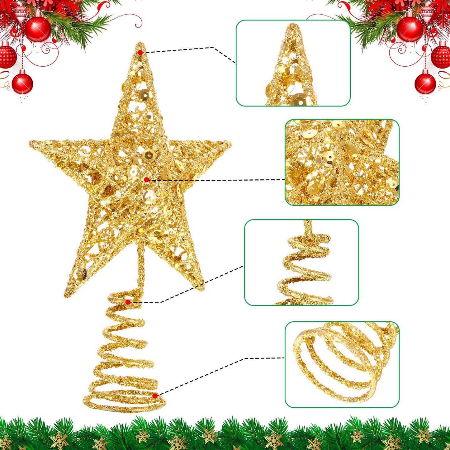 Blulu Christmas Star Tree Topper 6 Inch Glittered 3D Metal Star Treetop Topper Small Christmas Hollow Decoration for Xmas Holiday Party Decoration Indoor(Gold)