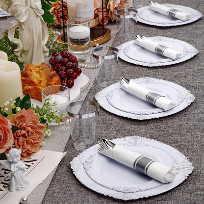 Hioasis 210pcs White and Silver Plastic Plates - Elegant Disposable Dinnerware Set Suitable for 30 Guests Include 10.25 Dinner & 7.5 Dessert Plates, Pre Rolled Silverware Set, Cups for Party & Wedding