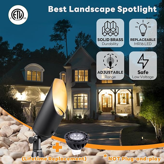 Gardenreet Low Voltage Spotlight - Outdoor Light Fixture 12V AC/DC, Brass Landscape Lights LED Hardwired, Weather Proof Black for Flag Wreath with Neutral White MR16 Removable Bulbs (10 Pack)