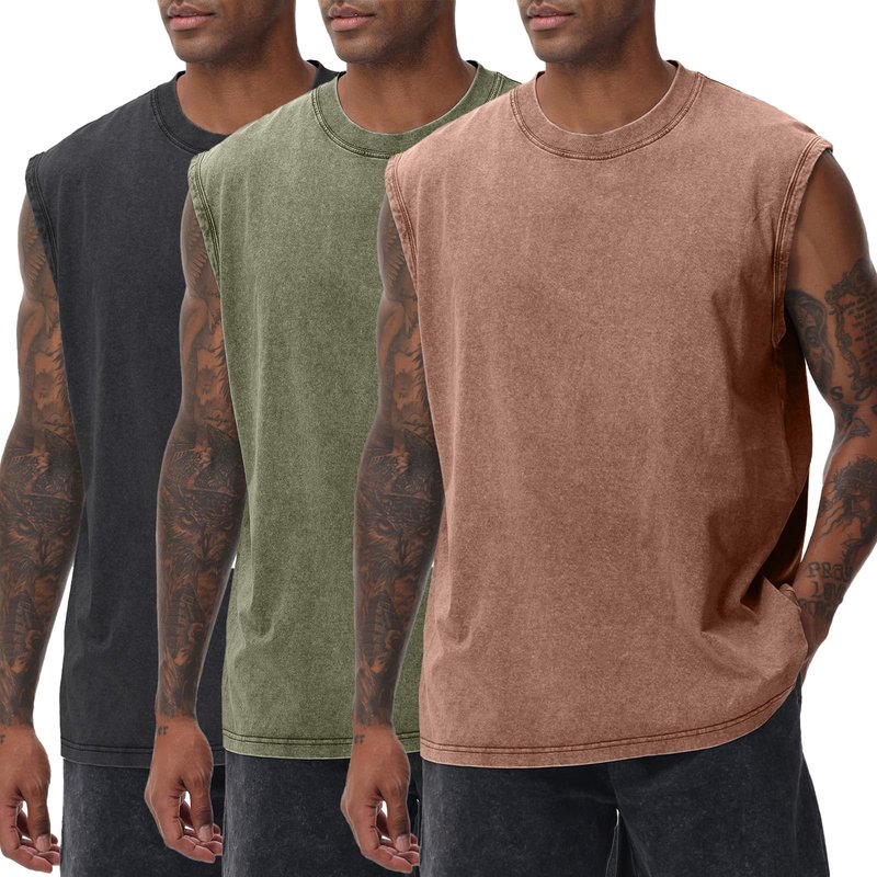 SnowElve 3 Pack Mens Workout Tank Tops Sleeveless Tee Shirts Men Muscle Shirt Gym Acid Wash T Shirts Running Beach Loose Fit Tee(BKAGCF,2XL)