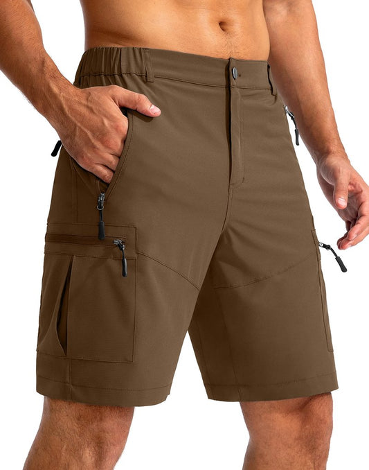 Pudolla Men's Hiking Cargo Shorts 9" Lightweight Outdoor Work Shorts for Men Travel Golf Camping Casual with 5 Zipper Pockets(Brown 3X-Large)