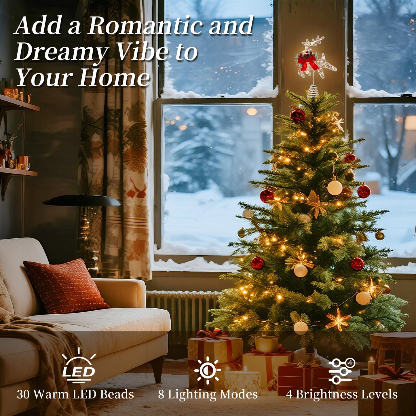 Lewondr Christmas Tree Topper, 11'' Metal Reindeer Christmas Star Tree Topper with Pine Leaves and Bow,30 LED Bulbs,6H Timer, 8 Light Modes, USB & Remote Control Deer Treetop for Home Xmas Decor,White