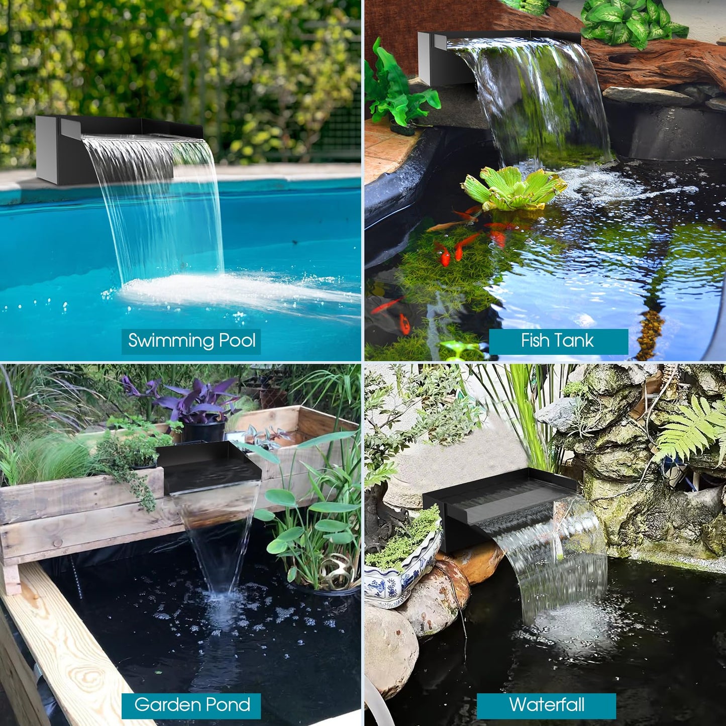 POPOSOAP Pond Waterfall Spillway with Pump Kit, 304 Stainless Steel Pond Waterfall, Pond Spillway with 9.8FT Corrugated Tubing for Garden,Water Features (8“)-P42