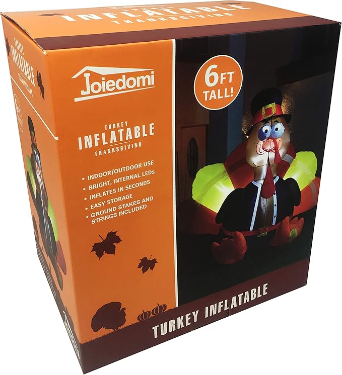 Joiedomi 6 FT Thanksgiving Inflatable Turkey Decorations, LED Light Up Turkey with Pilgrim Hat, Blow Up Decor for Thanksgiving Outdoor Decorations, Halloween Inflatable for Yard Garden