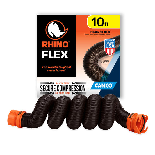 Camco RhinoFLEX 10’ RV Sewer Hose Extension - Features Collapsible Design for RV Storage - Includes Pre-Attached Lug & Bayonet Fitting -Heavy Duty Polyolefin & Reinforced w/Steel Wire (39774)