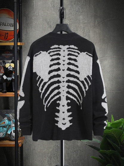SHENHE Men's Skeleton Pattern Cardigan Sweaters Long Sleeve Unisex Outwear Knitted Coats Black XL