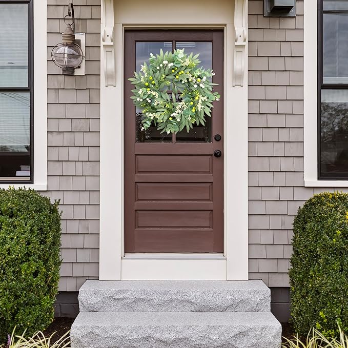 Door Wreath Green Eucalyptus for Front Door Wreaths Spring Summer Olive Wreath Artificial Leaves Mixed Berry Wreaths for All Season Home Farmhouse Porch Year Round Outdoor Wall Decorating,18-20 Inch