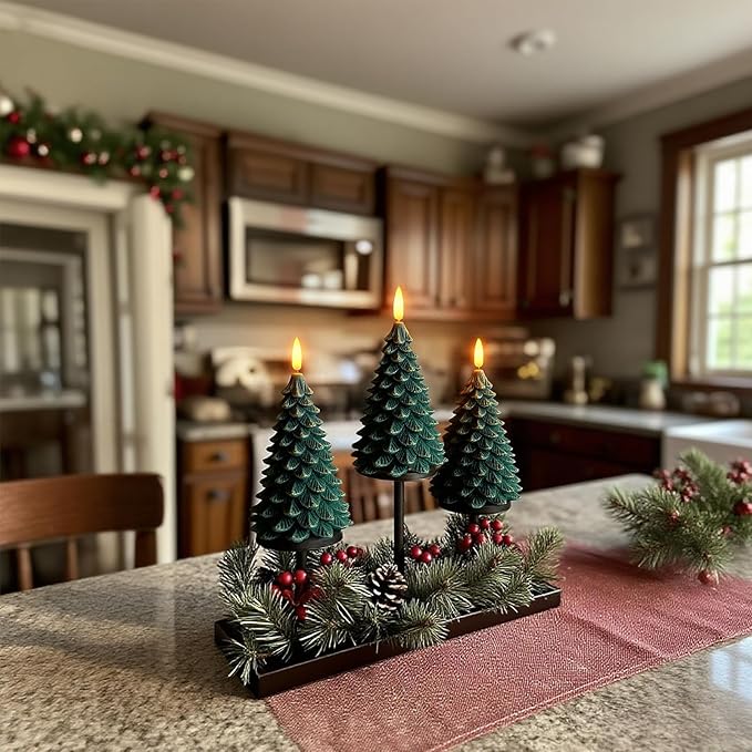 Christmas Decorations Indoor, Christmas Decor - Christmas Tree Candles Battery Operated, Flameless LED Candle Lights with 6H Timer, Xmas Home Decor, Set of 2(Green&Gold)