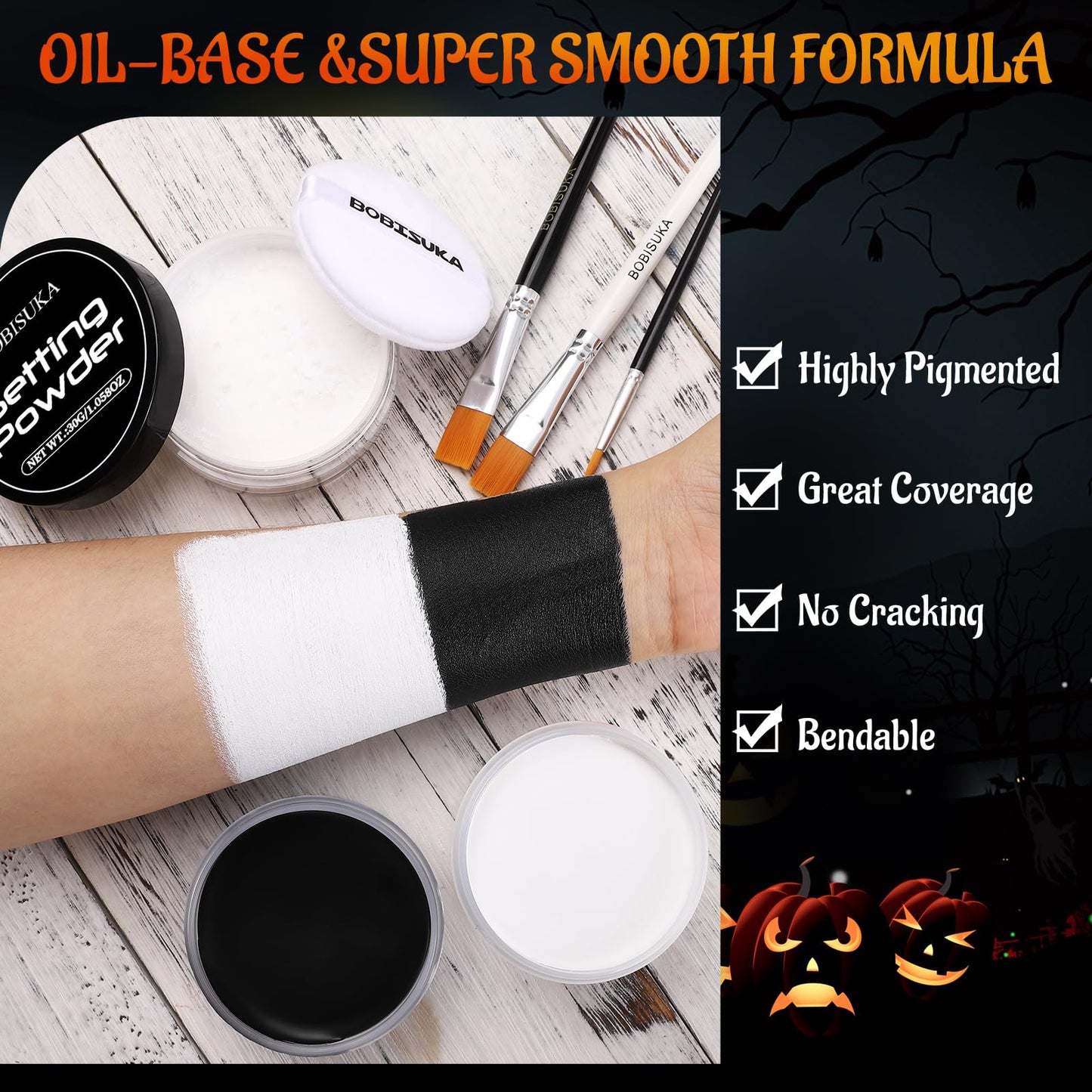 BOBISUKA Black & White Face Body Paint + Setting Powder + 3PCS Artist Brushes Face Painting Kit for Adult Large Capacity Professional Oil Based Cream Paints Palette For Halloween Clown Skeleton Vampir