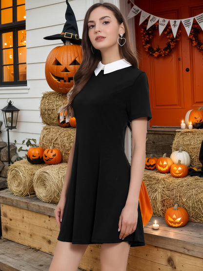 Allegra K Women's Flare Dress Halloween Contrast Peter Pan Collar Short Sleeves Wednesday Addam Dresses Medium Black