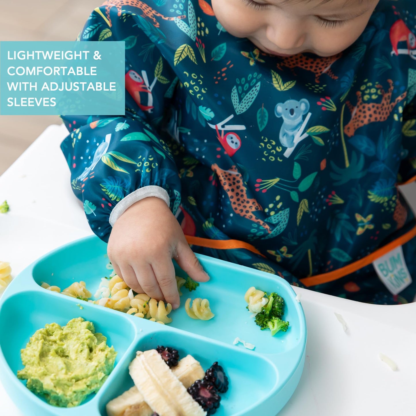 Bumkins Sleeved Bib for Girl or Boy, Baby and Toddler for 6-24 Mos, Essential Must Have for Eating, Feeding, Baby Led Weaning Supplies, Long Sleeve Mess Saving Food Catcher, Soft Fabric, Jungle
