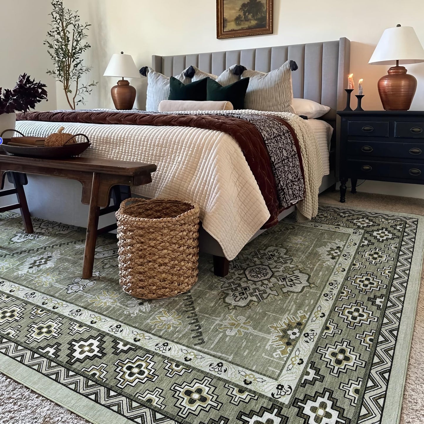 Boho Washable Area Rug 5x7, Large Soft Rugs for Living Room Farmhouse Vintage Beige Carpet 5x7 Area Rugs for Bedroom Dining Room Non-Slip Stain Resistant Under Table Rug